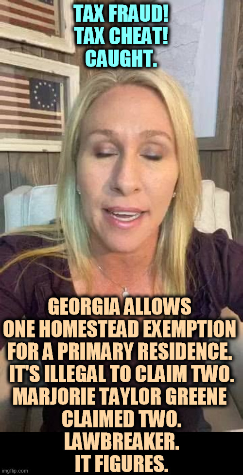 Marjorie Taylor Greene. While you're paying your taxes, she's cheating on hers. | TAX FRAUD!
TAX CHEAT!
CAUGHT. GEORGIA ALLOWS 
ONE HOMESTEAD EXEMPTION 
FOR A PRIMARY RESIDENCE. 
IT'S ILLEGAL TO CLAIM TWO.
MARJORIE TAYLOR GREENE 
CLAIMED TWO.
LAWBREAKER.
IT FIGURES. | image tagged in marjorie taylor greene eyes shut dumb stupid qanon,tax,cheat,fraud | made w/ Imgflip meme maker