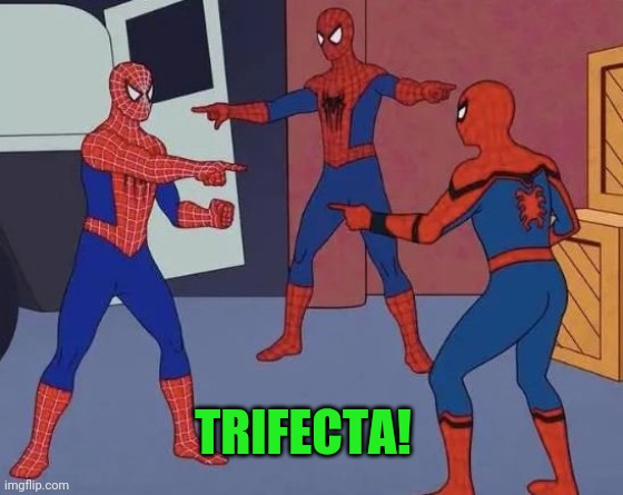 3 Spiderman Pointing | TRIFECTA! | image tagged in 3 spiderman pointing | made w/ Imgflip meme maker