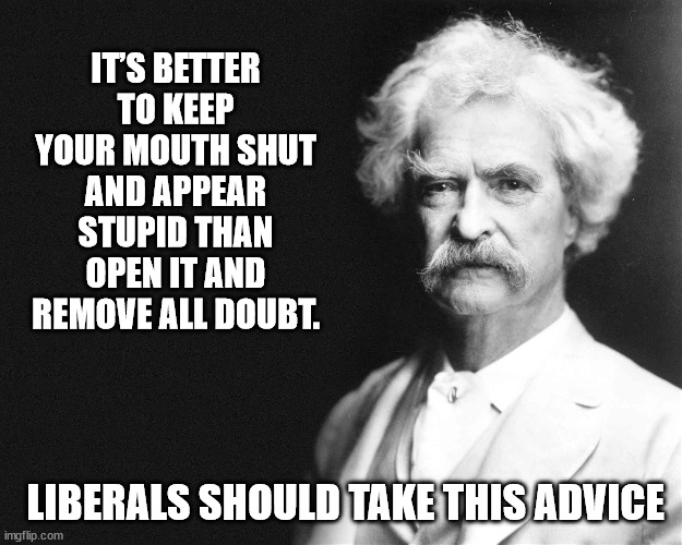 Mark Twain | IT’S BETTER TO KEEP YOUR MOUTH SHUT AND APPEAR STUPID THAN OPEN IT AND REMOVE ALL DOUBT. LIBERALS SHOULD TAKE THIS ADVICE | image tagged in mark twain | made w/ Imgflip meme maker