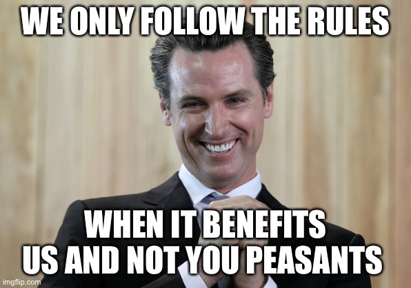 Scheming Gavin Newsom  | WE ONLY FOLLOW THE RULES WHEN IT BENEFITS US AND NOT YOU PEASANTS | image tagged in scheming gavin newsom | made w/ Imgflip meme maker