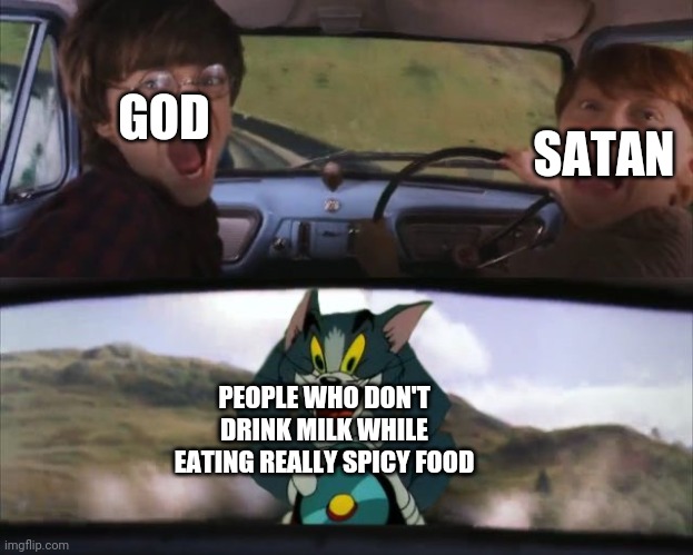 1st meme! | GOD; SATAN; PEOPLE WHO DON'T DRINK MILK WHILE EATING REALLY SPICY FOOD | image tagged in tom chasing harry and ron weasly | made w/ Imgflip meme maker