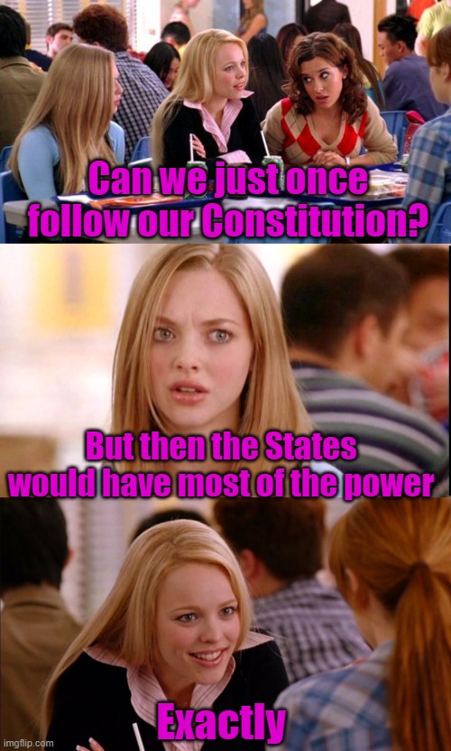 Constitutional Debate |  Can we just once follow our Constitution? But then the States would have most of the power; Exactly | image tagged in mean girls lunch table,dumb blonde,so you agree,constitution | made w/ Imgflip meme maker