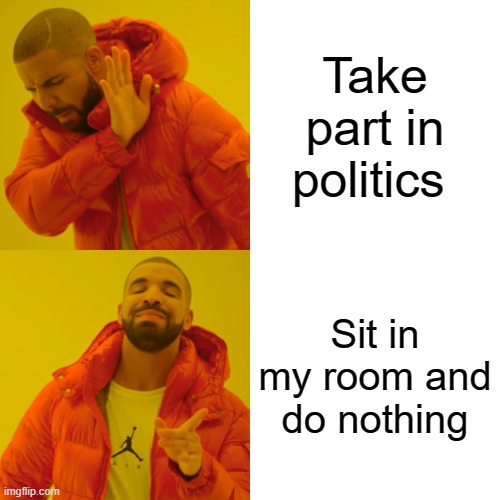Drake Hotline Bling | Take part in politics; Sit in my room and do nothing | image tagged in memes,drake hotline bling | made w/ Imgflip meme maker