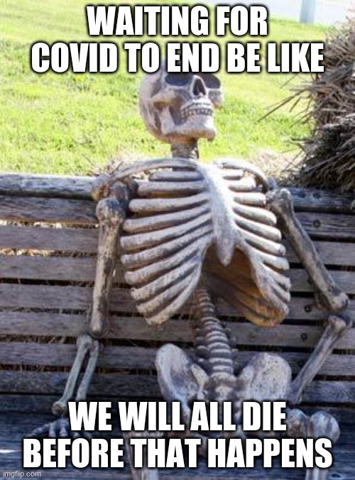 Covid Be Like.. | WAITING FOR COVID TO END BE LIKE; WE WILL ALL DIE BEFORE THAT HAPPENS | image tagged in memes,waiting skeleton | made w/ Imgflip meme maker