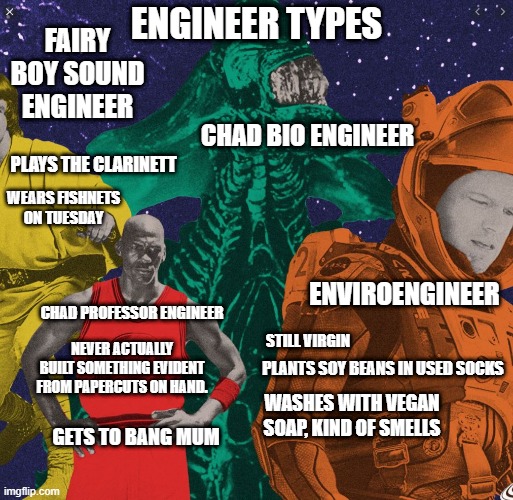 Engineer Types | ENGINEER TYPES; FAIRY BOY SOUND ENGINEER; CHAD BIO ENGINEER; PLAYS THE CLARINETT; WEARS FISHNETS ON TUESDAY; ENVIROENGINEER; CHAD PROFESSOR ENGINEER; STILL VIRGIN; NEVER ACTUALLY BUILT SOMETHING EVIDENT FROM PAPERCUTS ON HAND. PLANTS SOY BEANS IN USED SOCKS; WASHES WITH VEGAN SOAP, KIND OF SMELLS; GETS TO BANG MUM | image tagged in engineering | made w/ Imgflip meme maker