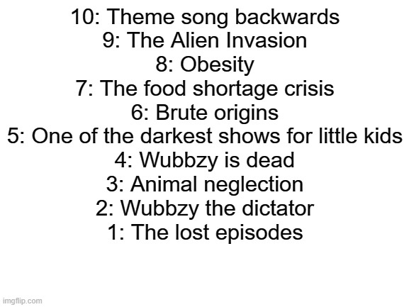 Wow Wow Wubbzy horror list | 10: Theme song backwards
9: The Alien Invasion
8: Obesity
7: The food shortage crisis
6: Brute origins
5: One of the darkest shows for little kids
4: Wubbzy is dead
3: Animal neglection
2: Wubbzy the dictator
1: The lost episodes | image tagged in blank white template,wubbzy,horror | made w/ Imgflip meme maker