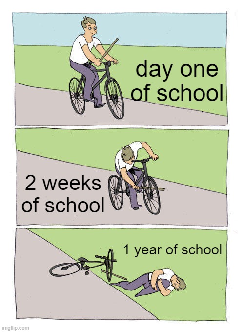 Bike Fall | day one of school; 2 weeks of school; 1 year of school | image tagged in memes,bike fall | made w/ Imgflip meme maker