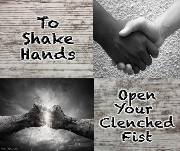 Friend, or Foe? | To
Shake
Hands; Open
Your 
Clenched
Fist | image tagged in go along to get along,anger,peaceful,coexist,brothers,emotions | made w/ Imgflip meme maker