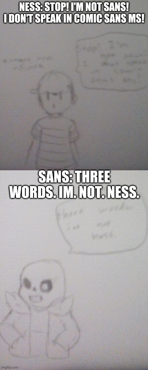 NESS: STOP! I'M NOT SANS! I DON'T SPEAK IN COMIC SANS MS! SANS: THREE WORDS. IM. NOT. NESS. | made w/ Imgflip meme maker