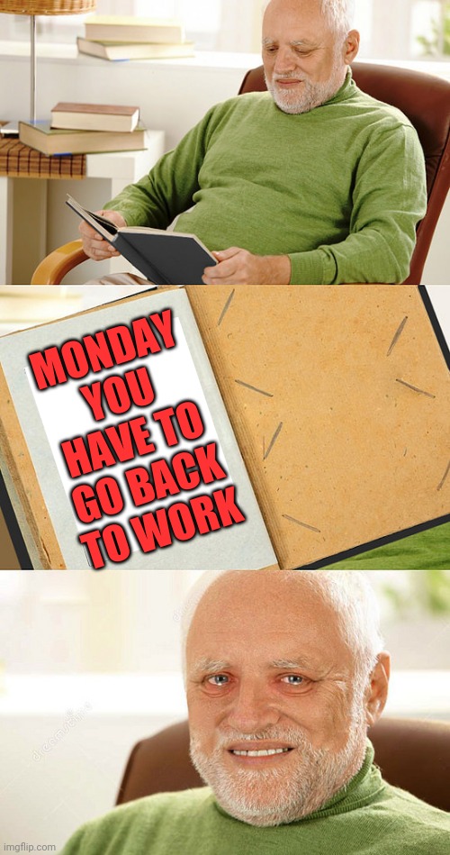 WHO CREATED THIS EVIL? | MONDAY YOU HAVE TO GO BACK TO WORK | image tagged in hide the pain harold,harold,work,work sucks | made w/ Imgflip meme maker