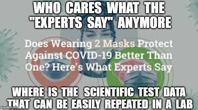 WHO  CARES  WHAT  THE  "EXPERTS  SAY"  ANYMORE; WHERE  IS  THE   SCIENTIFIC  TEST  DATA  THAT  CAN  BE  EASILY  REPEATED  IN  A  LAB | image tagged in plandemic,masks,chinese virus,coronavirus,hoax | made w/ Imgflip meme maker