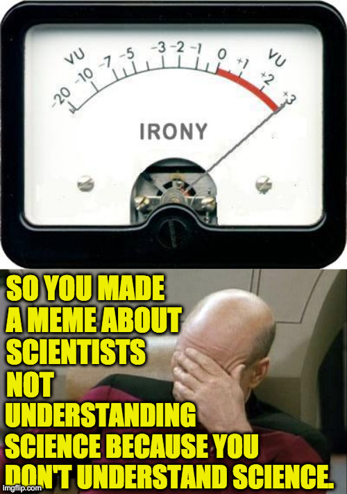 SO YOU MADE
A MEME ABOUT
SCIENTISTS
NOT UNDERSTANDING
SCIENCE BECAUSE YOU
DON'T UNDERSTAND SCIENCE. | image tagged in irony meter,memes,captain picard facepalm | made w/ Imgflip meme maker