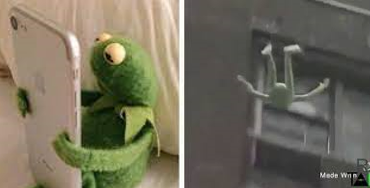 Kermit reads his Phone then Jumps off a building. Blank Meme Template