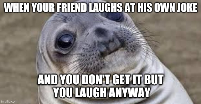 Akward moment seal | WHEN YOUR FRIEND LAUGHS AT HIS OWN JOKE; AND YOU DON'T GET IT BUT
 YOU LAUGH ANYWAY | image tagged in akward moment seal | made w/ Imgflip meme maker