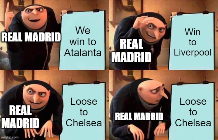 Real Madrid UCL | We win to Atalanta; Win to Liverpool; REAL MADRID; REAL MADRID; Loose to Chelsea; Loose to Chelsea; REAL MADRID; REAL MADRID | image tagged in memes,gru's plan | made w/ Imgflip meme maker