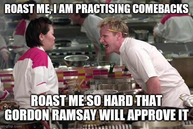Roast me please, I am practising comebacks | ROAST ME, I AM PRACTISING COMEBACKS; ROAST ME SO HARD THAT GORDON RAMSAY WILL APPROVE IT | image tagged in gordon ramsey | made w/ Imgflip meme maker
