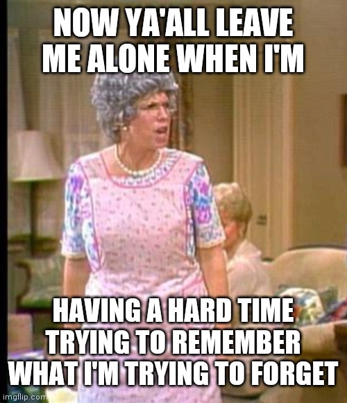 Memory Loss |  NOW YA'ALL LEAVE ME ALONE WHEN I'M; HAVING A HARD TIME TRYING TO REMEMBER WHAT I'M TRYING TO FORGET | image tagged in thelma harper,memory loss,remember to forget,funny,old people memes,i forgot | made w/ Imgflip meme maker