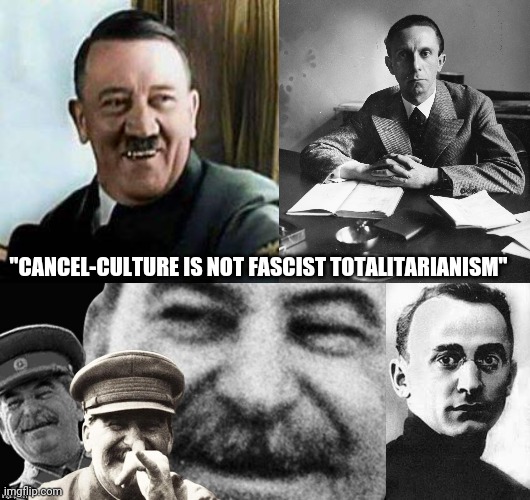 "CANCEL-CULTURE IS NOT FASCIST TOTALITARIANISM" | image tagged in laughing hitler,condescending goebbels | made w/ Imgflip meme maker