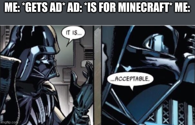 It Is Acceptable | ME: *GETS AD* AD: *IS FOR MINECRAFT* ME: | image tagged in it is acceptable,minecraft | made w/ Imgflip meme maker
