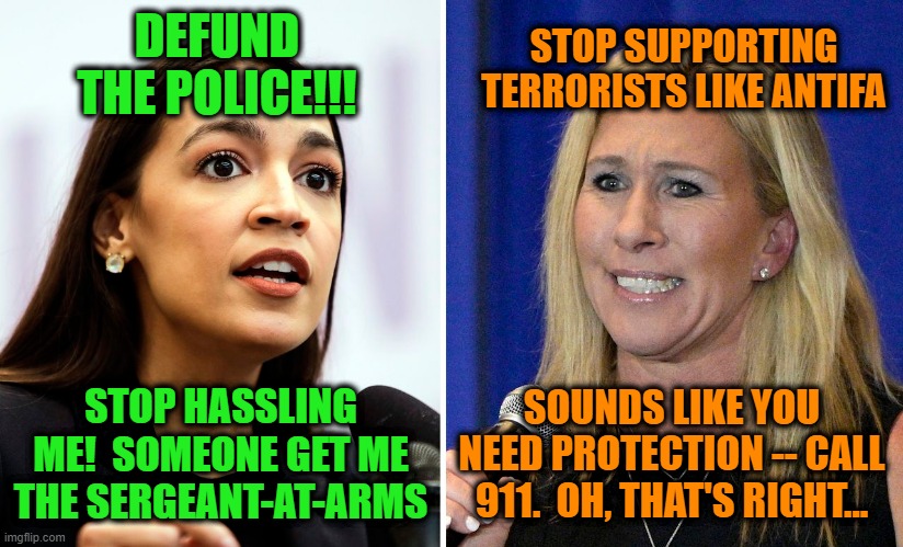 Call the Hippies!!! | STOP SUPPORTING TERRORISTS LIKE ANTIFA; DEFUND THE POLICE!!! STOP HASSLING ME!  SOMEONE GET ME THE SERGEANT-AT-ARMS; SOUNDS LIKE YOU NEED PROTECTION -- CALL 911.  OH, THAT'S RIGHT... | image tagged in alexandria ocasio-cortez,marjorie taylor greene | made w/ Imgflip meme maker