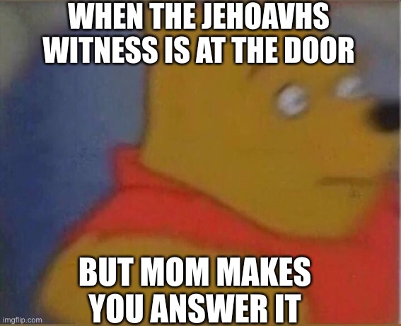 WHEN THE JEHOAVHS WITNESS IS AT THE DOOR; BUT MOM MAKES YOU ANSWER IT | image tagged in funny,scuffed | made w/ Imgflip meme maker