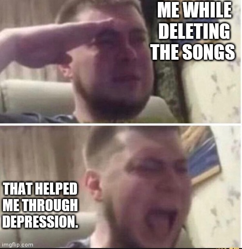 Goodbye. We salute you. |  ME WHILE DELETING THE SONGS; THAT HELPED ME THROUGH DEPRESSION. | image tagged in crying salute | made w/ Imgflip meme maker