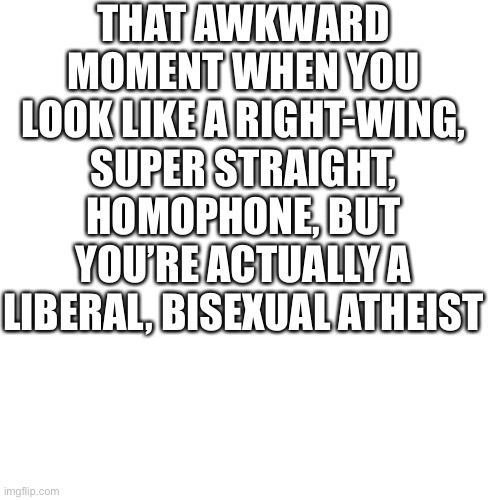 Blank Transparent Square | THAT AWKWARD MOMENT WHEN YOU LOOK LIKE A RIGHT-WING, SUPER STRAIGHT, HOMOPHONE, BUT YOU’RE ACTUALLY A LIBERAL, BISEXUAL ATHEIST | image tagged in memes,blank transparent square | made w/ Imgflip meme maker