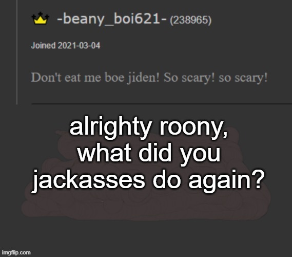 beany | alrighty roony, what did you jackasses do again? | image tagged in beany | made w/ Imgflip meme maker
