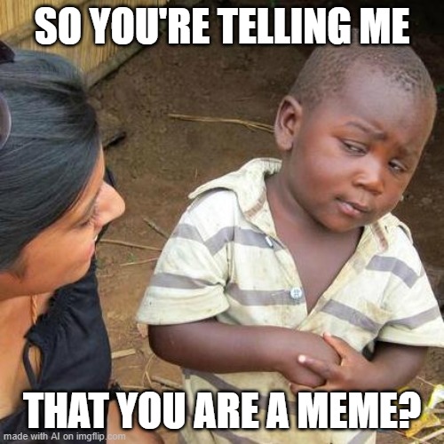AI sees the irony [random AI generated meme] | SO YOU'RE TELLING ME; THAT YOU ARE A MEME? | image tagged in memes,third world skeptical kid,memes about memes,irony,ai meme | made w/ Imgflip meme maker