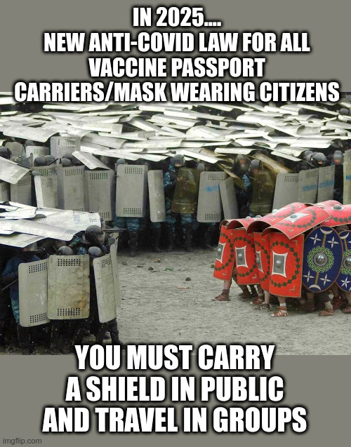 New Covid Laws | IN 2025....
NEW ANTI-COVID LAW FOR ALL VACCINE PASSPORT CARRIERS/MASK WEARING CITIZENS; YOU MUST CARRY A SHIELD IN PUBLIC AND TRAVEL IN GROUPS | image tagged in covid-19,laws,the future,political meme,shield | made w/ Imgflip meme maker