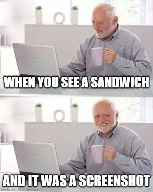 AI is still hungry [random AI generated meme] | WHEN YOU SEE A SANDWICH; AND IT WAS A SCREENSHOT | image tagged in memes,hide the pain harold,hungry,virtual reality,ai meme | made w/ Imgflip meme maker