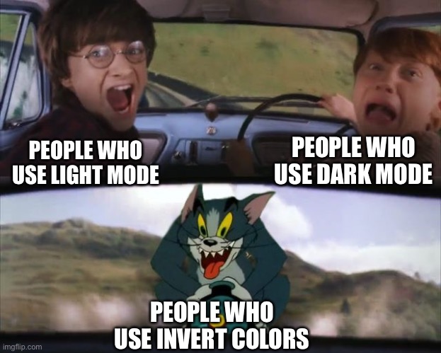 >:D | PEOPLE WHO USE DARK MODE; PEOPLE WHO USE LIGHT MODE; PEOPLE WHO USE INVERT COLORS | image tagged in tom chasing harry and ron weasly,light mode,dark mode | made w/ Imgflip meme maker