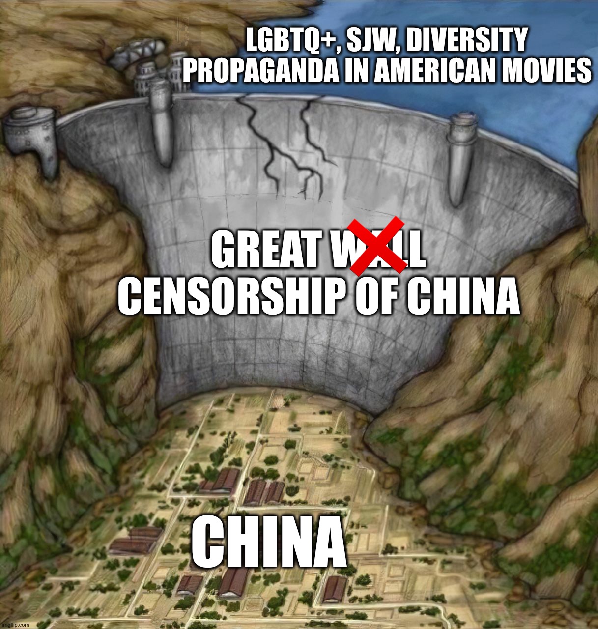 Damb Protecting Town | LGBTQ+, SJW, DIVERSITY PROPAGANDA IN AMERICAN MOVIES; ❌; GREAT WALL CENSORSHIP OF CHINA; CHINA | image tagged in damb protecting town,memes,china,great wall of china,lgbtq,diversity | made w/ Imgflip meme maker