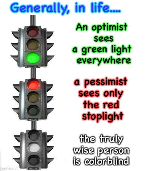 What Do YOU See? | Generally, in life.... An optimist 
sees a green light 
everywhere; a pessimist 
sees only 
the red 
stoplight; the truly wise person is colorblind | image tagged in positive,negative,outlook on life,red green blue,biden sucks | made w/ Imgflip meme maker