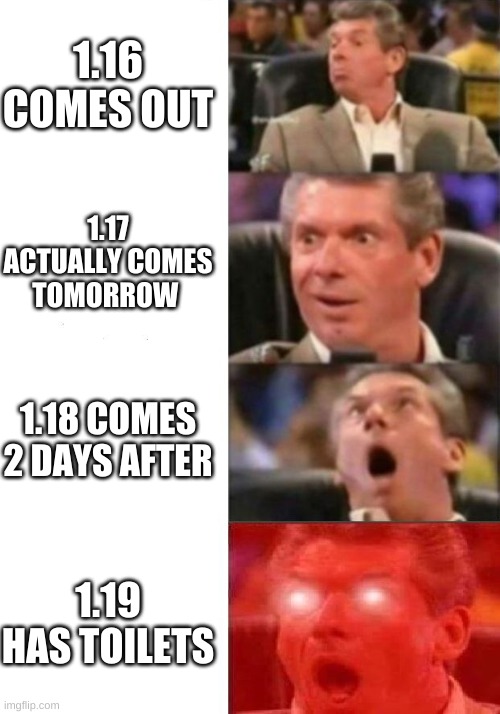 holy god yes | 1.16 COMES OUT; 1.17 ACTUALLY COMES TOMORROW; 1.18 COMES 2 DAYS AFTER; 1.19 HAS TOILETS | image tagged in mr mcmahon reaction | made w/ Imgflip meme maker