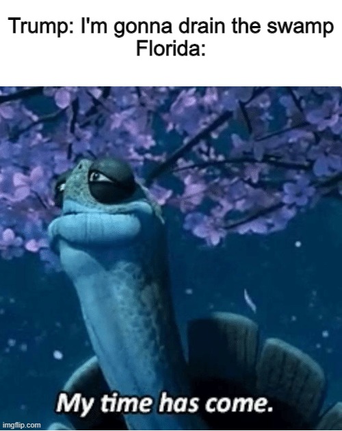 RIP Florida | Trump: I'm gonna drain the swamp
Florida: | image tagged in my time has come | made w/ Imgflip meme maker