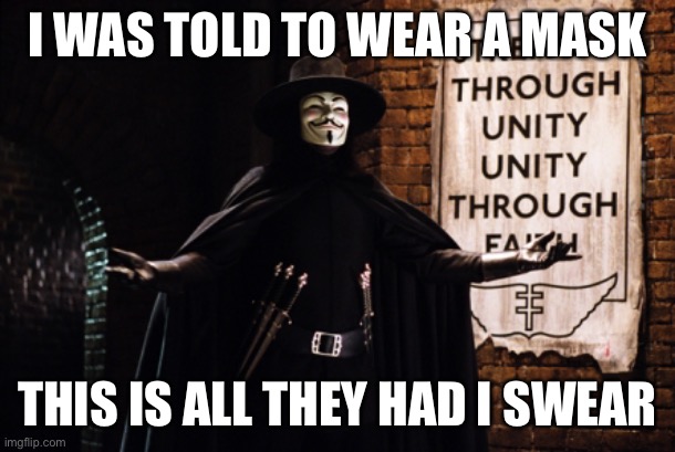 Funny | I WAS TOLD TO WEAR A MASK; THIS IS ALL THEY HAD I SWEAR | image tagged in v for vendetta | made w/ Imgflip meme maker