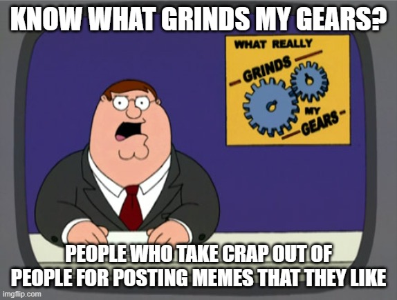 Peter Griffin News Meme | KNOW WHAT GRINDS MY GEARS? PEOPLE WHO TAKE CRAP OUT OF PEOPLE FOR POSTING MEMES THAT THEY LIKE | image tagged in memes,peter griffin news | made w/ Imgflip meme maker