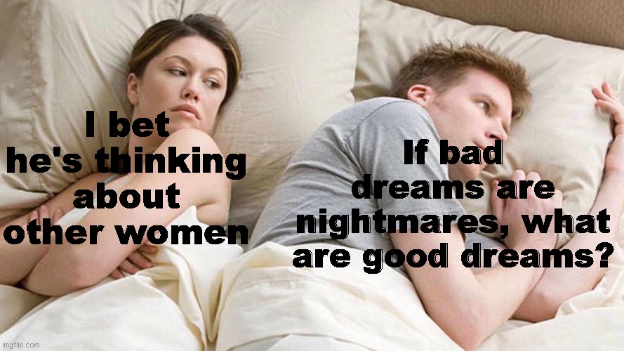 I Bet He's Thinking About Other Women | If bad dreams are nightmares, what are good dreams? I bet he's thinking about other women | image tagged in memes,i bet he's thinking about other women | made w/ Imgflip meme maker