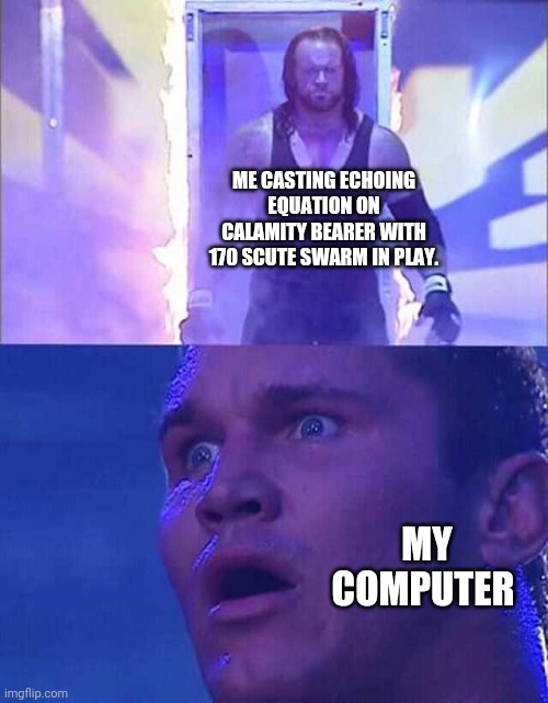 Randy Orton, Undertaker | ME CASTING ECHOING EQUATION ON CALAMITY BEARER WITH 170 SCUTE SWARM IN PLAY. MY COMPUTER | image tagged in randy orton undertaker | made w/ Imgflip meme maker