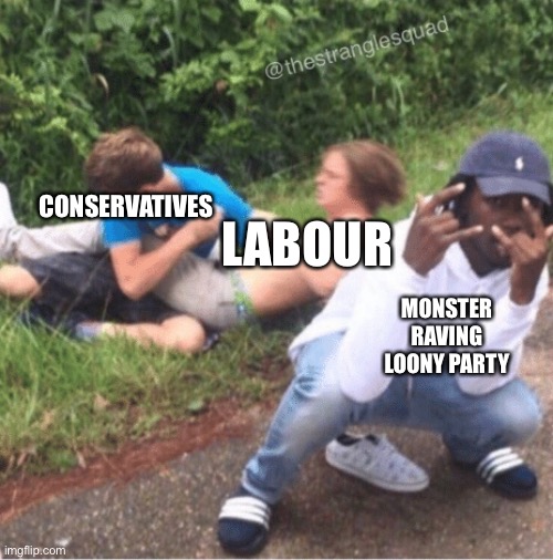 CONSERVATIVES LABOUR MONSTER RAVING LOONY PARTY | image tagged in two guys fighting | made w/ Imgflip meme maker