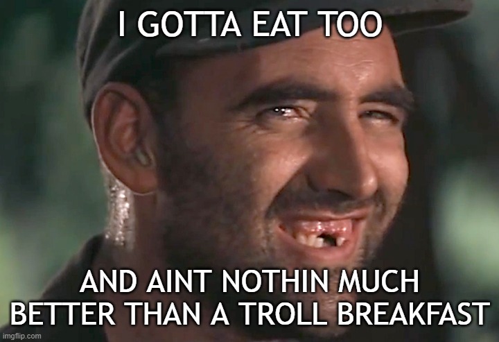 hick | I GOTTA EAT TOO AND AINT NOTHIN MUCH BETTER THAN A TROLL BREAKFAST | image tagged in hick | made w/ Imgflip meme maker