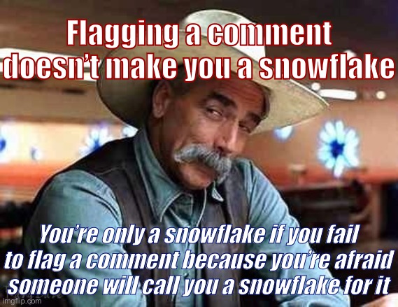 Please err on the side of flagging dubious comments. I’m on the side of the users of this stream. I won’t see you as a snowflake | Flagging a comment doesn’t make you a snowflake; You’re only a snowflake if you fail to flag a comment because you’re afraid someone will call you a snowflake for it | image tagged in sam elliott the big lebowski,flag,comments,imgflip mods,mods,imgflip trolls | made w/ Imgflip meme maker