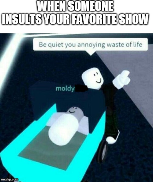 WHEN SOMEONE INSULTS YOUR FAVORITE SHOW | image tagged in be quiet you annoying waste of life | made w/ Imgflip meme maker