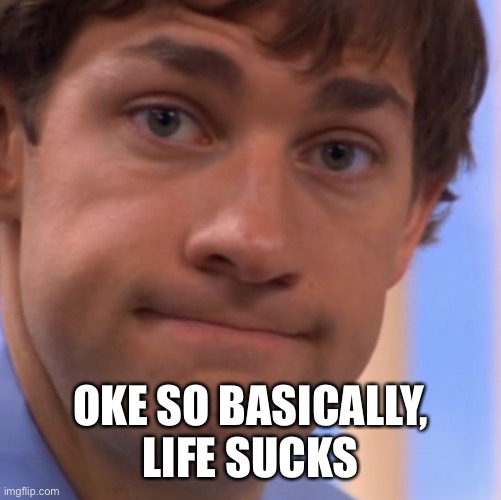 Someone talk to me I’m bored | OKE SO BASICALLY, LIFE SUCKS | image tagged in welp jim face | made w/ Imgflip meme maker