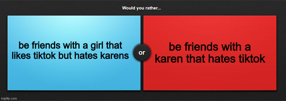 Would you rather |  be friends with a karen that hates tiktok; be friends with a girl that likes tiktok but hates karens | image tagged in would you rather | made w/ Imgflip meme maker