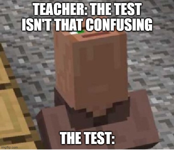 school | TEACHER: THE TEST ISN'T THAT CONFUSING; THE TEST: | image tagged in minecraft villager looking up | made w/ Imgflip meme maker
