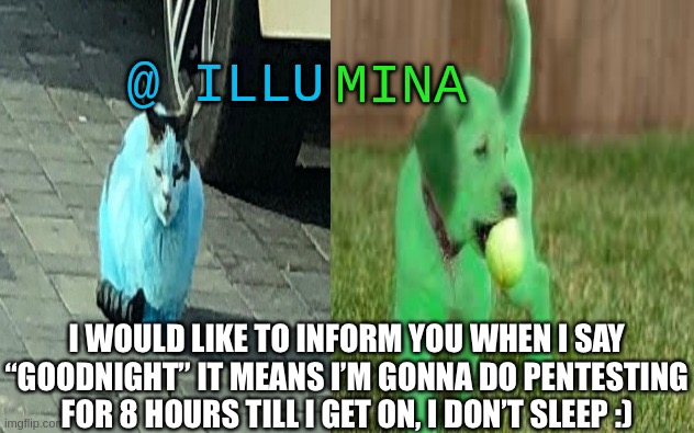 illumina new temp | I WOULD LIKE TO INFORM YOU WHEN I SAY “GOODNIGHT” IT MEANS I’M GONNA DO PENTESTING FOR 8 HOURS TILL I GET ON, I DON’T SLEEP :) | image tagged in illumina new temp | made w/ Imgflip meme maker
