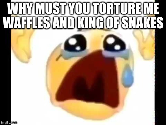 LET ME BE A BUTCHER, NOT SOMETHING LIKE WAVE *sobbing* | WHY MUST YOU TORTURE ME WAFFLES AND KING OF SNAKES | image tagged in cursed crying emoji | made w/ Imgflip meme maker