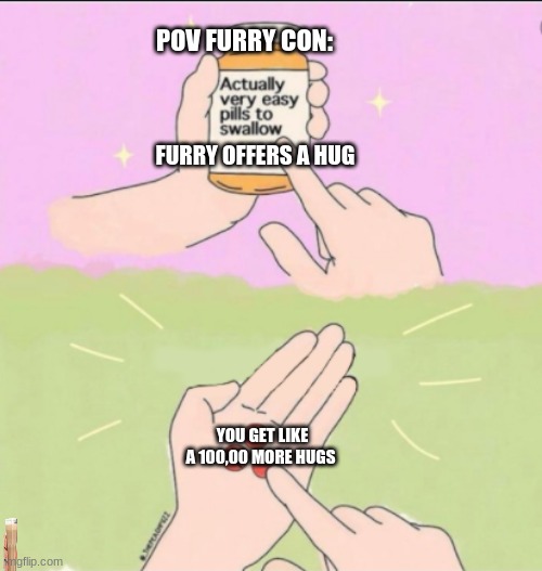 The Actually-very-easy-pills-to-swallow pills | POV FURRY CON:; FURRY OFFERS A HUG; YOU GET LIKE A 100,00 MORE HUGS | image tagged in very easy pills to swallow,the furry fandom,hugs | made w/ Imgflip meme maker